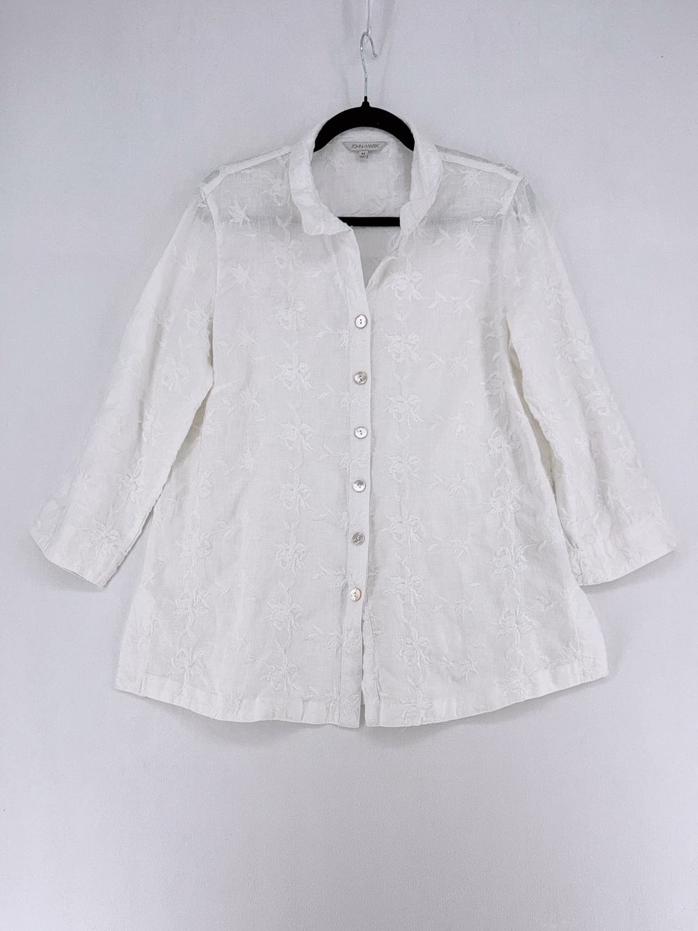 John Mark White Embroidered Linen Button Down Shirt Size M